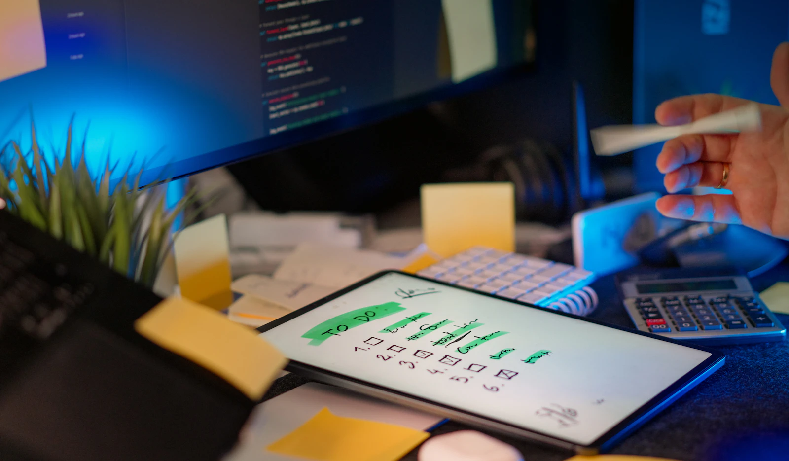 A developer workspace with multiple monitors, notes and a task checklist, illustrating software workflow management.